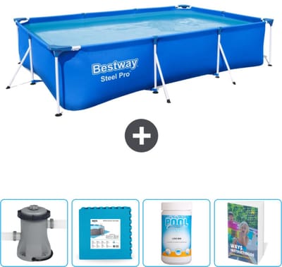 Bestway Rechthoekig Steel Pro Zwembad - 300 x 201 x 66 cm - Blauw - Inclusief Pomp - Vloertegels - Chloor - Zwembadgids