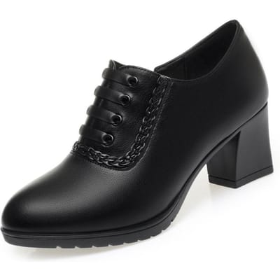 Lente Veelzijdig Ademend Zacht Leer Dames Casual Schoenen Dikke Hakken Klassiek Comfortabel Middenleeftijd Moeder Enkele Schoenen 38 black