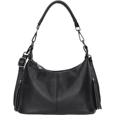 Sac pour femmes d'âge moyen en cuir de vachette pleine fleur, sac mère à pompon, sac bandoulière croisé tendance et atmosphérique en cuir véritable, sac à main black