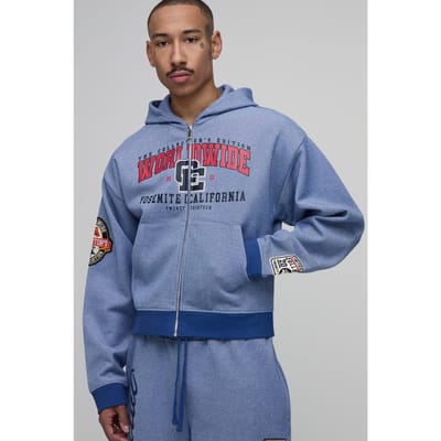 Collector's Edition Verkort Boxy Gebadged Piqué Hoodie Met Rits | Blue | Size Small