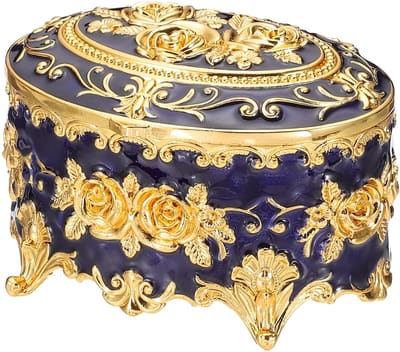 Dailygoods - PATIKIL Vintage metalen juwelendoos, ovale snuisterij organizer doos sieraden opbergdoos voor ring oorbellen ketting, kaptafel, bruiloft verjaardagscadeau huisdecoratie, vrouwen meisjes, blauw