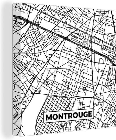 Canvas Schilderij Montrouge - Plattegrond - Kaart - Frankrijk - Stadskaart - Zwart wit - 20x20 cm - Wanddecoratie