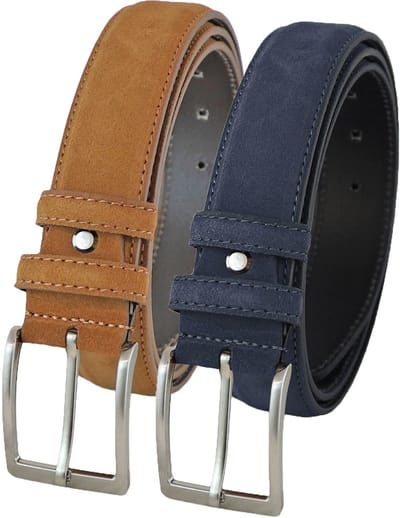 Landley Suede Pantalon Riemen Set - Suède Leren Heren Riemen Duopack - Leer - Cognac en Blauw - Lengte totaal 100 cm / Riemmaat 85