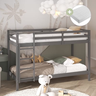 Sunny Jip Stapelbed – Met 2 Slaapplekken – Met Uitvalbeveiliging en rechte ladder - 208 x 97 x 140 cm – Peuterbed Meisjes en Jongens – FSC 100% Hout – Met Lattenbodems – Kinderstapelbed - Inclusief Matrassen – Grijs
