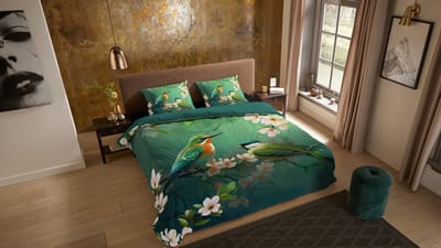 Pure dekbedovertrek bloemen en vogels - Lits jumeaux 240x200/220 cm - Groen - Microvezel