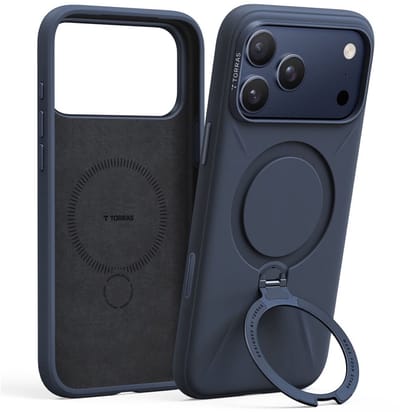TORRAS Ostand Q Pro Silicone - Hoesje Geschikt voor Apple iPhone 17 Pro - Compatibel met MagSafe - 360° Draaibare Magnetische Standaard - Back Cover Kickstand Ring - Blauw