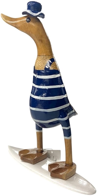 Handgemaakte Houten Eend “Surf Girl” – Surfgirl met Badpak & Surfplank uit Indonesië (H27 × B11 cm)