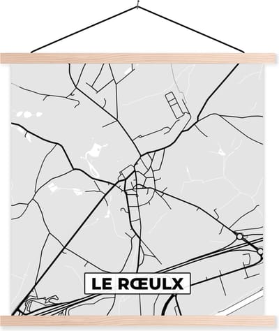 Posterhanger incl. Poster 40x40 cm - Schoolplaat - België – Le Rœulx – Stadskaart – Kaart – Zwart Wit – Plattegrond - Textielposter - Blanke latten - Stadskaart