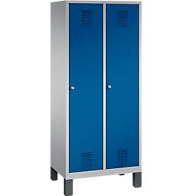 Kapstok Evolo S 3000, staal, met poten, 2 compartimenten allebei met B 400 mm, cilinderslot, blank aluminium RAL 9006/gentiaanblauw RAL 5010