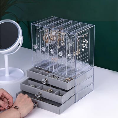 Sieraden Organizer Doos - Juwelier Opberger - Sieraden Opbergen - Transparant Design - 32x26x19 cm - Grijs