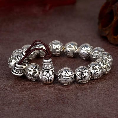Charm Fijne Retro Tibetaanse Boeddhisme Plated Thaise Zilveren Touw Armband Mannen Zes Woorden Mantra's Lotus Kralen Armband 15MM gray