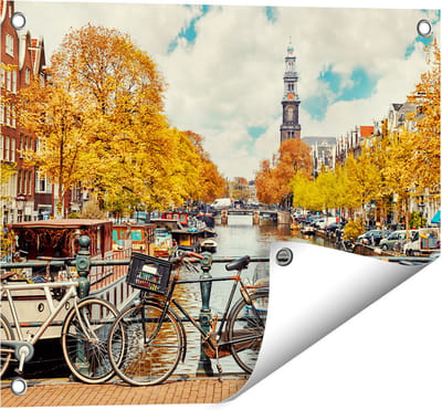 Gards Tuinposter Amsterdamse Brug bij een Brug met Fietsen - 50x40 cm - Tuindoek - Tuindecoratie - Wanddecoratie buiten - Tuinschilderij