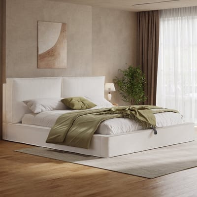 BLACKCOLORS Gestoffeerd bed, tweepersoonsbed, 180 x 200 cm, hydraulisch verstelbaar bed, bed met lattenbodem, hoofdeinde, gestoffeerd hoofdeinde, beige, bouclé