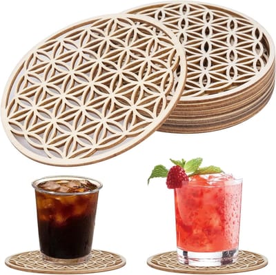 Set van 10 Houten Onderzetters met Levensbloem Design, 10x10cm, Perfect voor Keuken en Bar