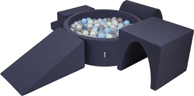 KiddyMoon schuimspeelplaats met rond ballenbad (200 ballen) ballenbakken voor baby's speelbad hindernisbanen, made in the eu, donkerblauw:pearl/grijs/transparant/babyblauw/minze
