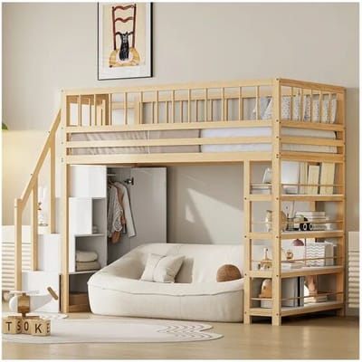 Merax Mezzaninebed 90 x 200 cm met kledingkast, planken en 3 vakken - Grenen + multiplex + MDF - Natuurlijke houtkleur