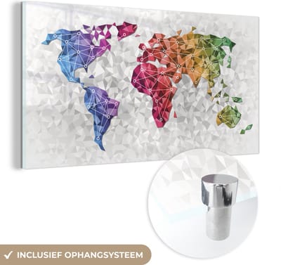 ® Glasschilderij 120x60 cm - Schilderij acrylglas - Wereldkaart - Kleuren - 3D - Foto op glas - Muurdecoratie woonkamer - Wanddecoratie slaapkamer - Schilderijen