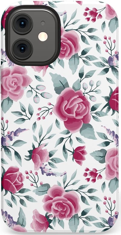 Casetastic Hoesje Geschikt voor Apple iPhone 12 Mini - Stijlvolle Beschermende Duo-layer Case - Paarse Bloem Pracht