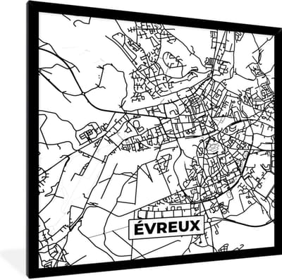 Fotolijst incl. Poster Zwart Wit- Stadskaart - Frankrijk - Évreux - Kaart - Plattegrond - Zwart wit - 40x40 cm - Posterlijst