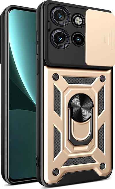 MobyDefend Hoesje - Geschikt voor Motorola Edge 50 Neo / Edge 60 Neo - Pantsercase Met Draaibare Ring - Goud