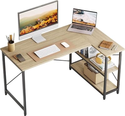 Computerbureau - Computertafel - Computermeubel - Computerbureau 140 cm omkeerbaar bureau L-vorm hoekbureau met plank - In hoogte verstelbare kleine kantoortafel - Met opbergvakken - Voor thuiskantoorkamer - Sterker - X-vorm beugel - Eiken