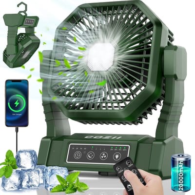 Campingventilator, 20.000 mAh, Tafelventilator, USB-ventilator, Batterij met verlichting, 4 snelheden, 4 timers, Afstandsbediening, Buitenventilator, Stil, met ophanghaken, voor kamperen, picknick.
