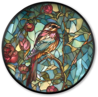 Poster in lijst Rond - Fotolijst 60x60 cm - Posters - Vogel - Tak - Rozen - Mozaïek - Ronde posterlijst zwart - Decoratie - Wanddecoratie woonkamer - Muurdecoratie slaapkamer
