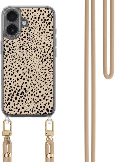 Casimoda® hoesje met beige koord - Geschikt voor iPhone 17 - Stippen bruin abstract - Afneembaar koord - TPU/polycarbonaat - Bruin/beige
