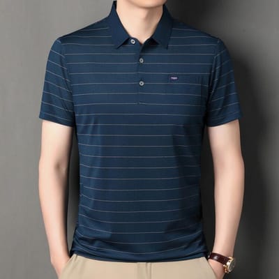 Zakelijk Poloshirt Zomer Nieuwe Mode Urban Revers Heren Gestreept T-shirt Korte Mouw Middelbare Leeftijd en Oudere Casual 3XL blue