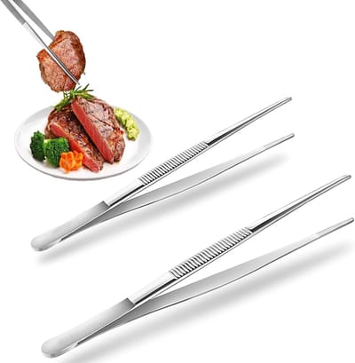 Precisie tangenset van 2 stuks, fijne keukentangen van roestvrij staal voor bakken, serveren en barbecueën