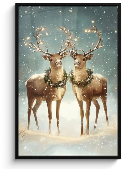 Poster in lijst - Fotolijst 80x120 cm - Posters - Kerstmagie - Winterwoud - Rendier - Posterlijst zwart - Decoratie - Wanddecoratie woonkamer - Muurdecoratie slaapkamer - Kerstversiering - Kerstdecoratie voor binnen - Kerstmis