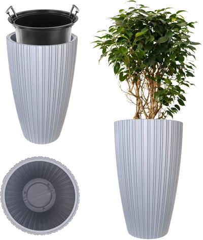 KADAX Ronde bloempot, decoratieve bloempot met binneninzetstuk, sierpot van kunststof, voor binnen en buiten (grijs)