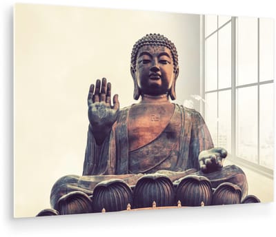 ® Glasschilderij 180x120 cm - Schilderij acrylglas - De Tian Tan Boeddha van dichtbij tijdens zonsondergang - Foto op glas - Muurdecoratie woonkamer - Wanddecoratie slaapkamer - Schilderijen
