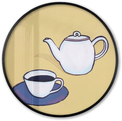 Poster in lijst Rond - Fotolijst 60x60 cm - Posters - Theepot - Kopje - Beige - Illustratie - Ronde posterlijst zwart - Decoratie - Wanddecoratie woonkamer - Muurdecoratie slaapkamer