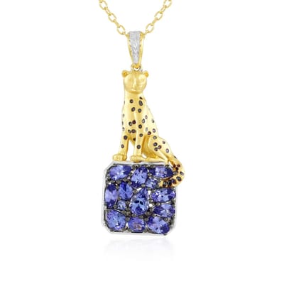 Cavill - Ketting 925 Sterling Zilver Geelgoud Verguld - 2,61 Ct Peervormige Blauwe Tanzaniet - Elegante Cheetah Motief Sieraad