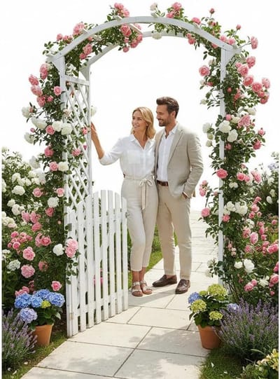Rozenboog Hout - Galerij Poortboog - Tuin Decoratie - Met Poort - 120 x 206 cm - Wit