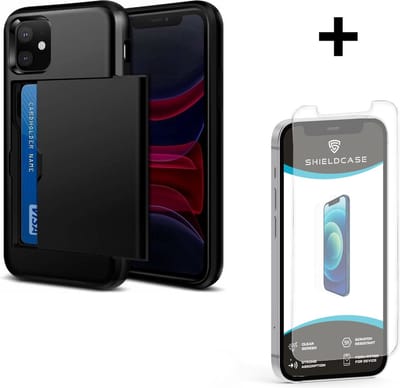 ShieldCase Kaarthouder case met slide geschikt voor Apple iPhone 12 Mini - hoesje met ruimte voor pasjes - pasjeshouder - hardcase - zwart + glazen Screen Protector