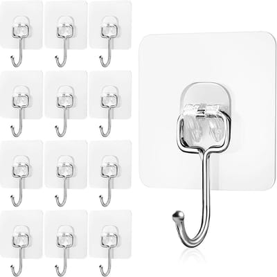 12 Large Self Adhesive Hooks Heavy Duty 15kg (Max), Transparent Nail Free Self Adhesive Wall Hooks, Waterproof and - ShopVlot