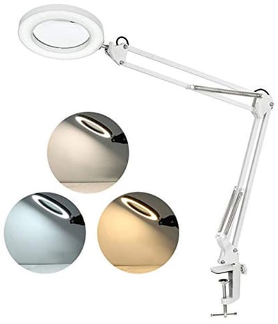 Dimbare Vergrootglaslamp met Glazen Lens, 8x Vergroting, Metalen Klem en Draaibare Arm voor Manicure