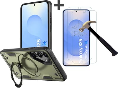 Hoesje Geschikt voor Samsung Galaxy S25 met 2 Stuks gehard glas Screenprotectors - Armor hoes met Ringhouder - Arara backcover - Olijfgroen