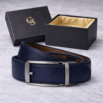 GoldStandard - Riem Heren Automatische Gesp - Ceintuur Heren - Riem Zonder Gaatjes - Echt Volnerf Leer - Perfecte Pasvorm - 120 cm - Navy Blue