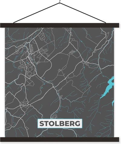 Posterhanger incl. Poster 60x60 cm - Schoolplaat - Blauw – Duitsland – Plattegrond – Stadskaart – Kaart – Stolberg - Textielposter - Zwarte latten - Stadskaart