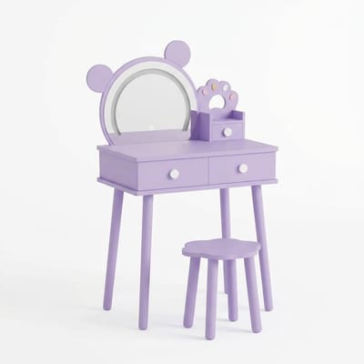 Houten kaptafel voor kinderen met led-spiegel in de vorm van een teddybeer – Prinsessen make-uptafel met opberglades en krukje – Meisjeskamermeubels – Paars