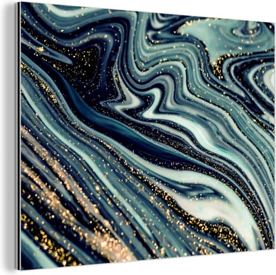 Wanddecoratie Metaal - Aluminium Schilderij Industrieel - Marmer - Goud - Blauw - Glitter - Marmerlook - Abstract - 80x60 cm - Dibond - Foto op aluminium - Industriële muurdecoratie - Voor de woonkamer/slaapkamer
