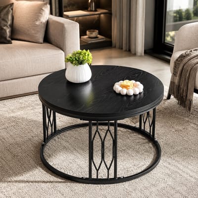 Welltin Salontafel - Bijzettafels -Tafel - Rond - 70x70x40 cm - Metalen frame - Moderne Bijzettafels - Moderne salontafel - Zwart