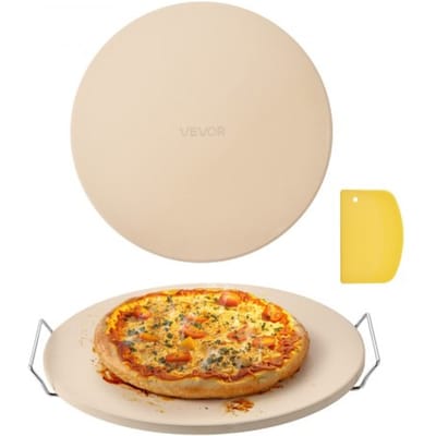 VEVOR Pizzasteen Baksteen 406 x 406 mm, Ronde Cordieriet Pizzasteen, Extra Grote Steenplaat met Schraper & Standaard, 17 mm Dik, Hittebestendig, voor Keukenoven, Broodbakken, Pizzabakken en Grillen