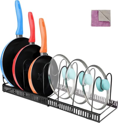 Verstelbare pot deksel organizer - bakplaat rek met 7 compartimenten - deksel en snijplank houder - keuken kast en voorraadkast - ruimtebesparende opslag - zwart - microfiber