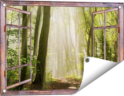 Gards Tuinposter Doorkijk Bos met Bomen en Zonneschijn - 60x40 cm - Tuindoek - Tuindecoratie - Wanddecoratie buiten - Tuinschilderij