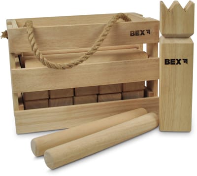 Bex Kubb Original – Zweeds Vikingschaak – Premium Buitenspel – Massief Rubberhout – Koning Met Houtkleurige Kroon – Vanaf 8 Jaar – Inclusief Luxe Houten Draagkist