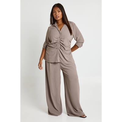 boohoo Dames Plus Geweven Getailleerd Shirt & Elastische Broek met Wijde Pijpen Co Ord | Mauve | Maat: 56